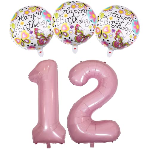 DIWULI Ballon-Set, XXL Zahlen-Ballon Rosa, Zahl 12, Happy Birthday Schmetterling Folien-Ballons 12. Kinder-Geburtstag Junge Mädchen, Motto-Party, Deko Dekoration, Folien-Luftballons Zahlen-Luftballon von DIWULI