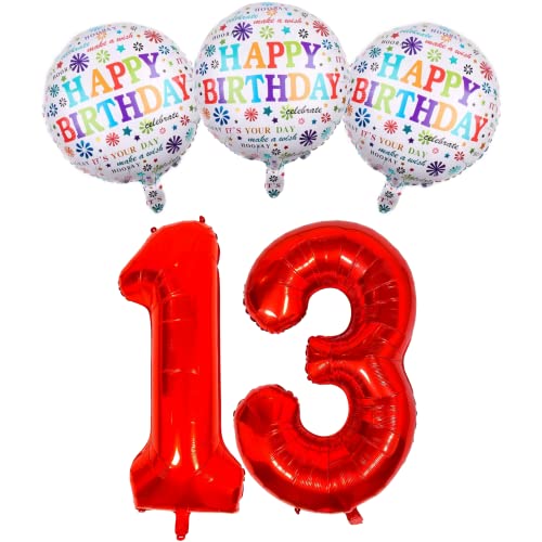 DIWULI Ballon-Set, XXL Zahlen-Ballon Rot, Zahl 13, Happy Birthday Weiß Bunt Folien-Ballons 13. Kinder-Geburtstag Junge Mädchen, Motto-Party Party-Deko Dekoration, Folien-Luftballons Zahlen-Luftballon von DIWULI