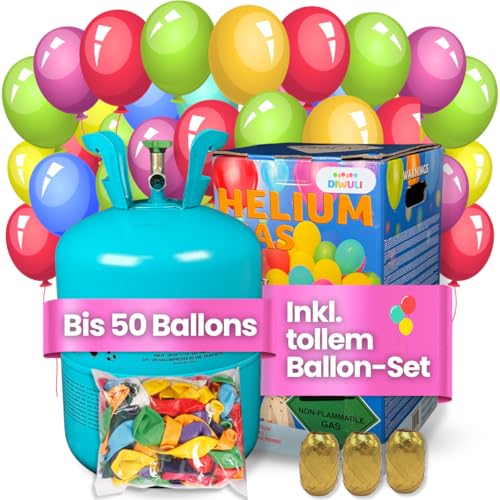 DIWULI Ballongas Helium inkl. 50 tollen Luftballons bunt + Ballon-Band - Gasflasche für Geburtstag, Kindergeburtstag, Party-Set, befüllt in EU DIWULI Ballongas Helium inkl. 50 tollen Luftballons bunt + Ballon-Band - Gasflasche für Geburtstag, Kindergeburtstag, Party-Set, befüllt in EU von DIWULI