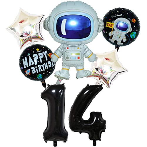 DIWULI Weltraum Kindergeburtstag 14 Jahre Set - Weltraum Deko Ballons, Zahlen-Ballon Zahl 14 Luftballon schwarz, Astronauten Kindergeburtstag, Geburtstagsdeko Jungen Weltall Deko, Astronauten Party von DIWULI
