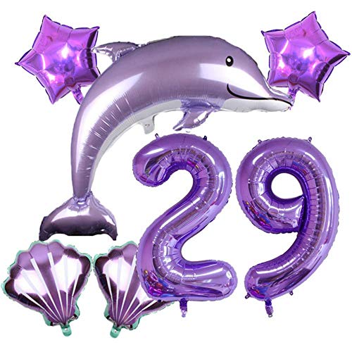 DIWULI großes Delfin Luftballon Set, XXL Zahl 29 Zahlen-Ballon Lila, Muschel Folien-Ballons, 29. Geburtstag, Kindergeburtstag Mädchen, Motto-Party, Dekoration, Meer, Meerestier, Folien-Luftballon von DIWULI