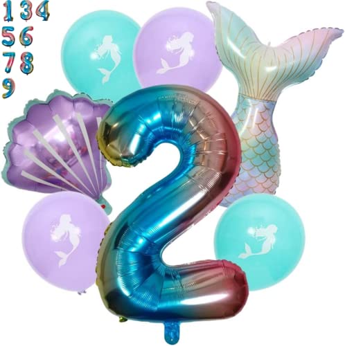 DIWULI Meerjungfrau Geburtstag Deko 2 Jahre - Zahlen-Ballon Zahl 2 Luftballon, Meerjungfrauen Deko Kindergeburtstag, Meerjungfrau Luftballon, Mädchen Geburtstag Deko Ballon-Set, Party Dekoration von DIWULI