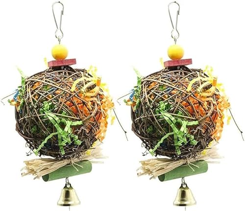 DIXIOUJAI 2er-Pack Vogel-Kauspielzeug, natürliche Sepak-Takraw-Bälle mit Papierstreifen, Futtersuche, Schredder-Spielzeug, Papageienkäfig, hängende Glocke, Spielzeug für Papageien, Wellensittiche von DIXIOUJAI