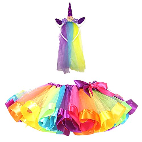 DIXIUZA Einhorn Kostüm Prinzessin Set 2 Stück，Mädchen Prinzessin Kleider, Einhorn Haarreif für Mädchen für Geburtstag Verkleidung Cosplay Kindergeburtstag Karneval von DIXIUZA