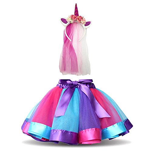 DIXIUZA Einhorn Kostüm Prinzessin Set 2 Stück，Mädchen Prinzessin Kleider, Einhorn Haarreif für Mädchen für Geburtstag Verkleidung Cosplay Kindergeburtstag Karneval von DIXIUZA