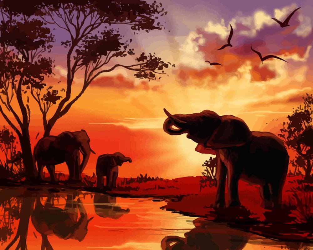 Malen nach Zahlen - Afrikanische Savannenelefanten, ohne Rahmen von DIY - Malen nach Zahlen