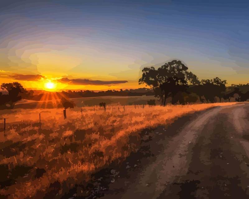 Malen nach Zahlen - Feldweg bei Sonnenuntergang in Australien, mit Rahmen von DIY - Malen nach Zahlen