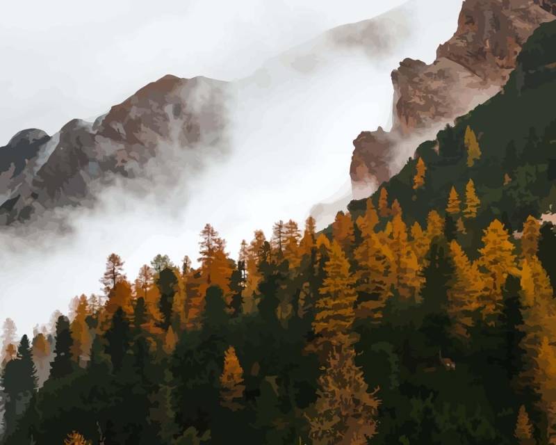 Malen nach Zahlen - Herbst im Wald in den Alpen, mit Rahmen von DIY - Malen nach Zahlen
