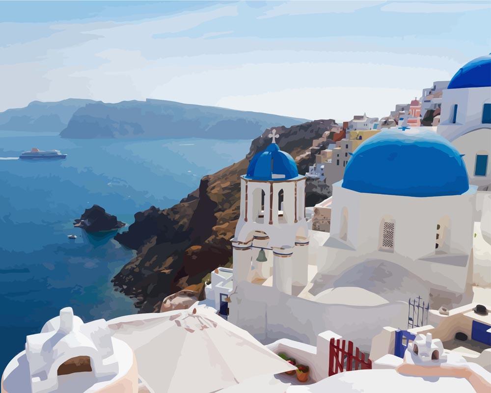 Malen nach Zahlen - Klassische Sicht auf Santorini, mit Rahmen von DIY - Malen nach Zahlen