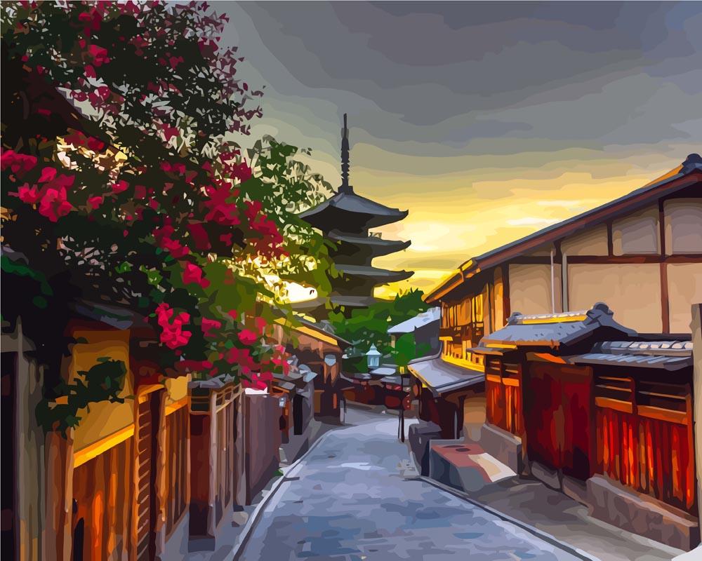 Malen nach Zahlen - Pagode bei Sonnenuntergang Kyoto Japan, mit Rahmen von DIY - Malen nach Zahlen