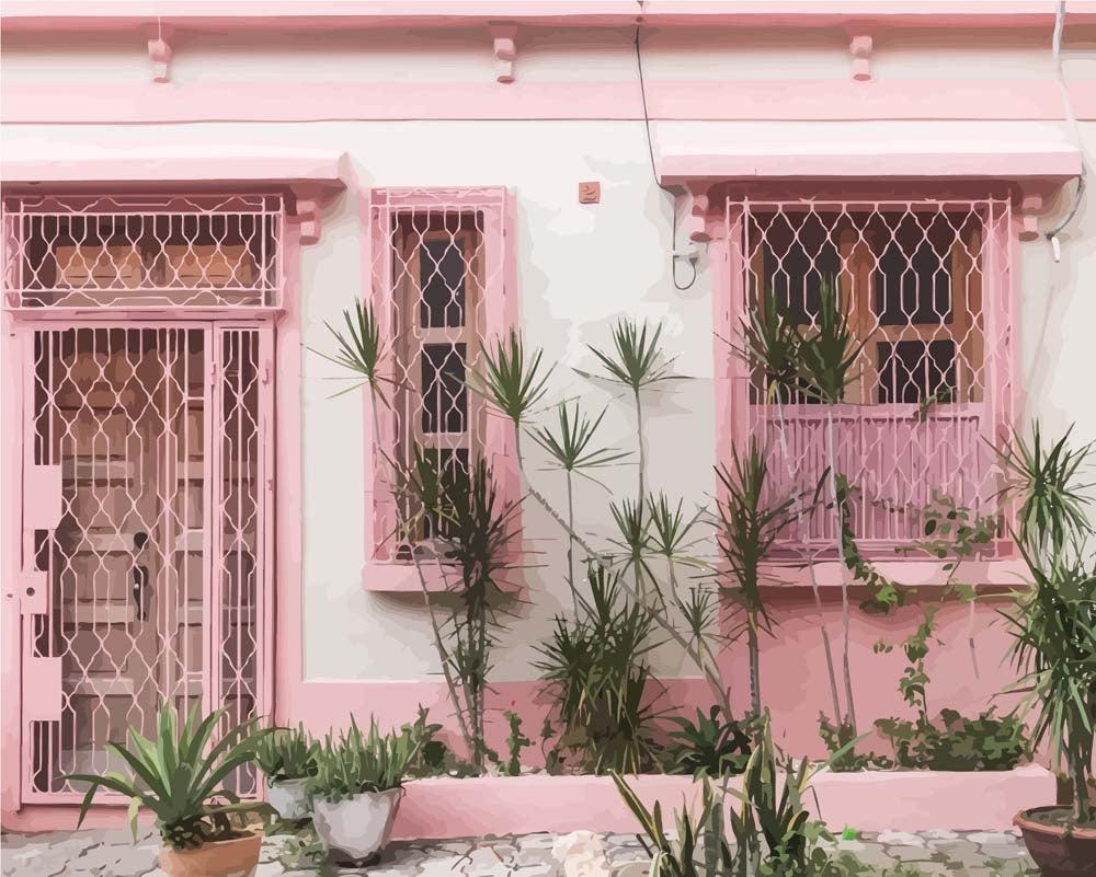Malen nach Zahlen - Pinkes Haus in den Tropen, mit Rahmen von DIY - Malen nach Zahlen