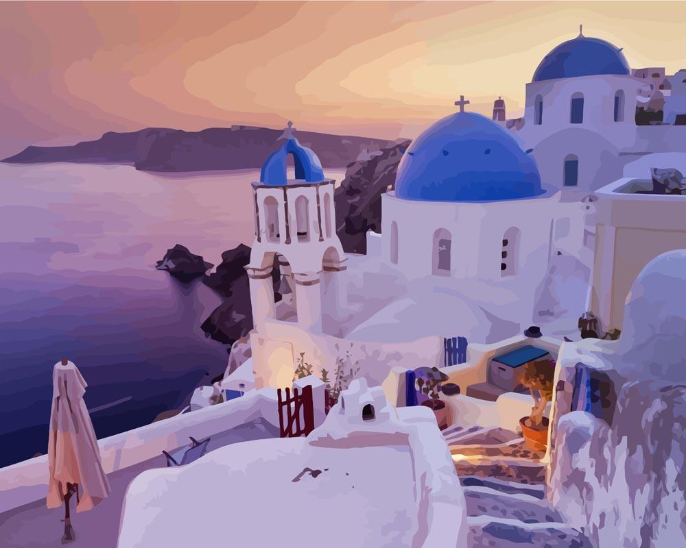 Malen nach Zahlen - Santorini bei Sonnenuntergang, mit Rahmen von DIY - Malen nach Zahlen