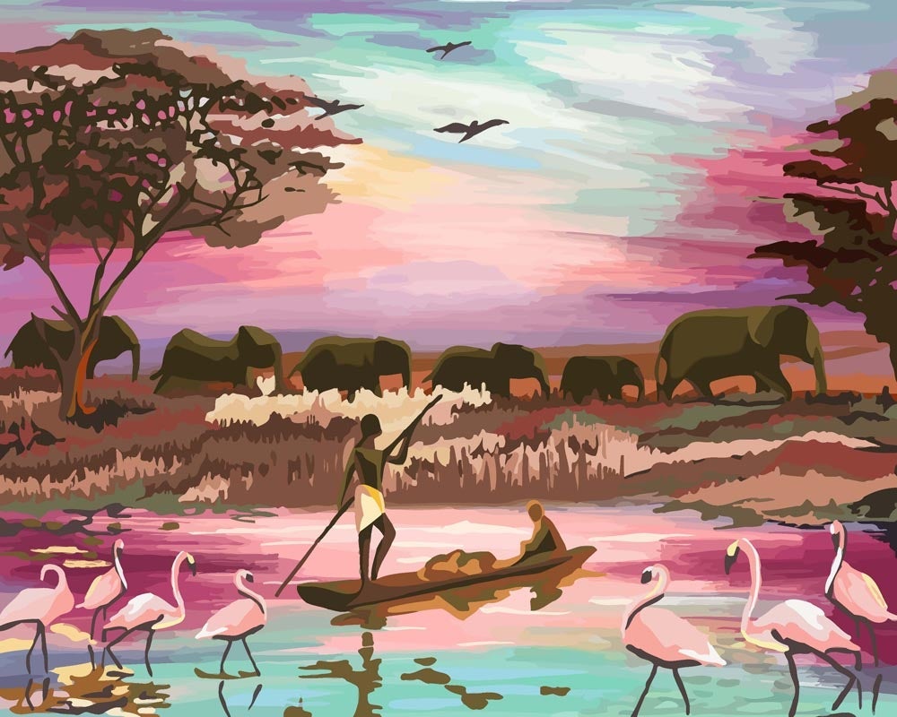 Malen nach Zahlen - Treffen in Afrika in pink, mit Rahmen von DIY - Malen nach Zahlen