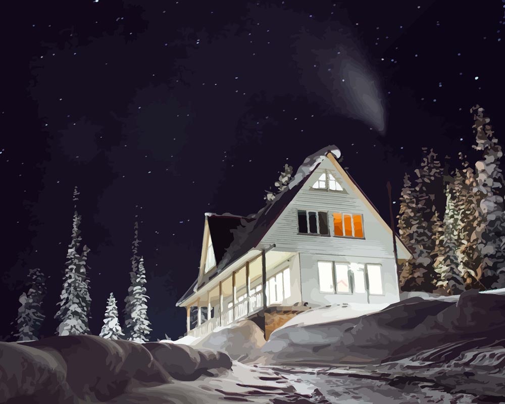 Malen nach Zahlen - Winterhaus bei Nacht, mit Rahmen von DIY - Malen nach Zahlen