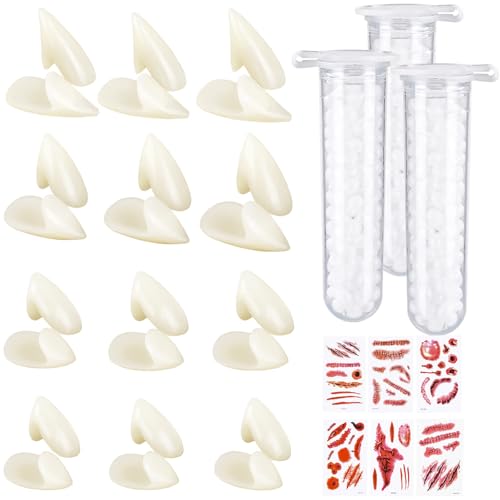 DIYDEC 12 Paar Halloween Vampirzähne, Vampir Fangs Kit Zähne Kostüm Gefälschte Zähne mit 2 Pellets Kleber für Halloween Cosplay Party Requisiten von DIYDEC