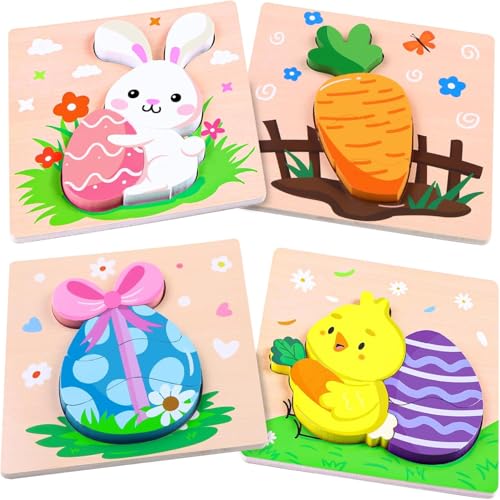 DIYDEC 4 Stück Holzpuzzle für Kleinkinder Ostern, Holzpuzzle Montessori Spielzeug Lernendes Pädagogisches Hase Huhn Karotte Eier Kleinkind Lernspielzeug für Baby Kinder Ostern Geschenk von DIYDEC