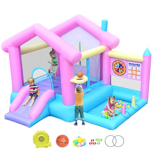 DIYJOTOFUN Hüpfburg mit Rutsche und Basketballkorb, Indoor Hüpfburg für Kinder mit Gebläse Komplettset (3-10 Jahre) von DIYJOTOFUN