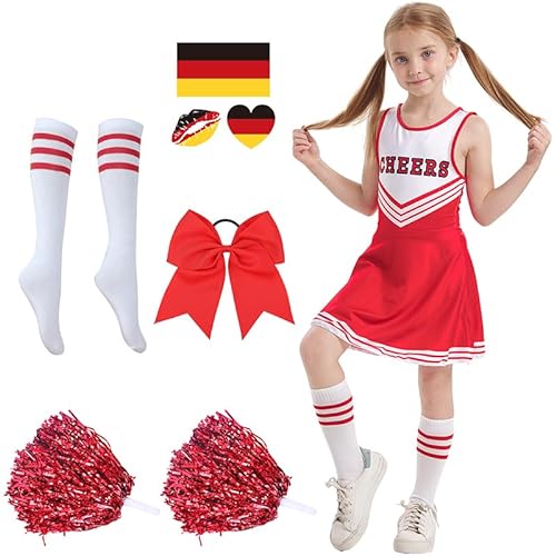 5er Set Cheerleader Kostüm Kinder,Cheerleadering Outfit Mädchen mit Pompoms,Socken,Tattoo-Aufkleber und Kopfschmuck, Cheerleading Uniform Kleid,Kinder Cheerleadering Outfit Set für Karneval Party von DIYSESSION