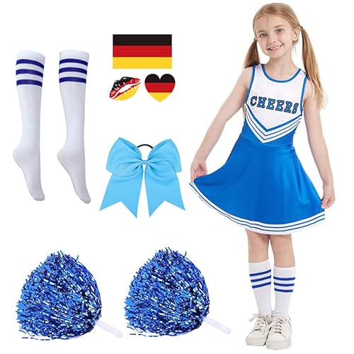 Cheerleader Kostüm Kinder, Cheerleadering Outfit Mädchen mit Pompons,Cheerleader-Kostümuniform,Cheerleader Kostüm Set,Mädchen Cheerleading Uniform für Halloween Party Verkleidung Karneval (Blau, 130) von DIYSESSION