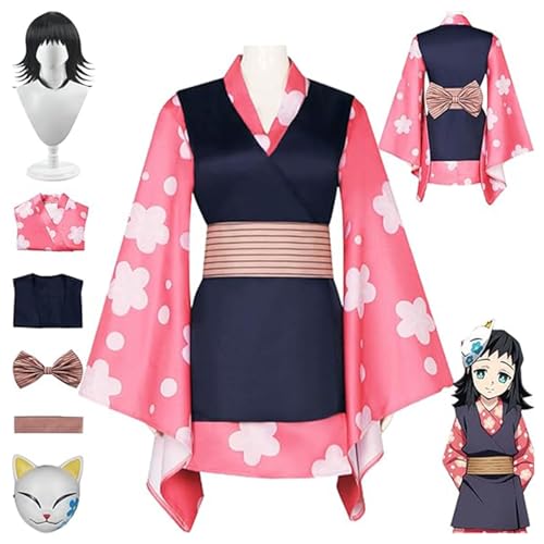 Anime Demon Slayer Kanroji Mitsuri Kimono Perücke Maske Komplettset Halloween Party Karneval Uniform Dress Up Anzug für Frauen Mädchen,Rosa,L von DJFOG