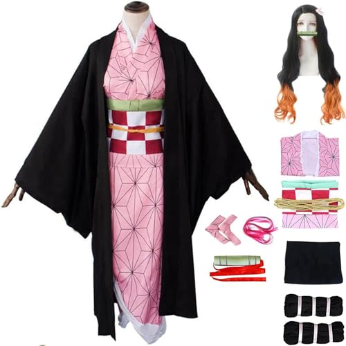 Anime Kamado Nezuko Kostüm Outfit mit Perücke für Damen, Dämonentöter Cosplay Kimono Kleid Anzug Kimetsu No Yaiba Komplettset Halloween Robe,Rosa,XXL von DJFOG
