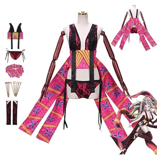 DJFOG Anime Kimetsu No Yaiba Daki Cosplay-Kostüm-Outfit für Frauen und Mädchen, Dämonentöter-Kimono-Kopfschmuck, komplettes Set, Halloween-Party-Uniform,Rosa,L von DJFOG