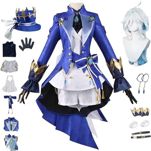 DJFOG Genshin Impact Furina Cosplay Kostüm mit Perücke und Hüten, Genshin Cosplay Uniform Halloween Karneval Party Bühnenkostüm,Blau,XL von DJFOG