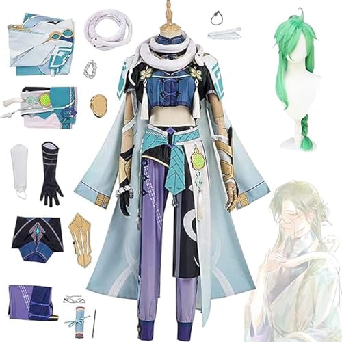 DJFOG Genshin Impact Games Baizhu Cosplay Kostüme mit Perücke Bai Zhu Schal Set Party Tägliche Outfits Anzug Accessoire für Halloween Uniform Karneval Tag Erwachsene Männer Jungen,Blau,3XL von DJFOG