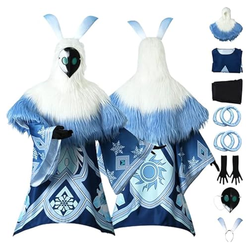 DJFOG Genshin Impact Ice Attribute Abyss Hilichurl Magier Cosplay-Kostüm für Herren und Damen, Spielfigur, Uniform, Umhang, Kopfschmuck, Maske, komplettes Set, Blau, Größe 3XL von DJFOG