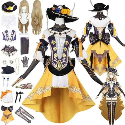 DJFOG Genshin Impact Navia Cosplay-Kostüm mit Kopfschmuck/Perücke/Hut/Ohrringen für Mädchen, Spielcharakter-Uniform, komplettes Set, Halloween, Karneval, Party, Anziehanzug,Gelb,L von DJFOG