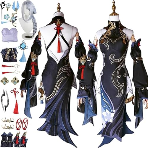 DJFOG Genshin Impact Shenhe Neues Haut-Cosplay-Kostüm mit Perücke, Kopfschmuck und Ohrringen für Frauen, Spielcharakter-Uniform, komplettes Set, Halloween-Party-Anziehanzug,Schwarz,M von DJFOG