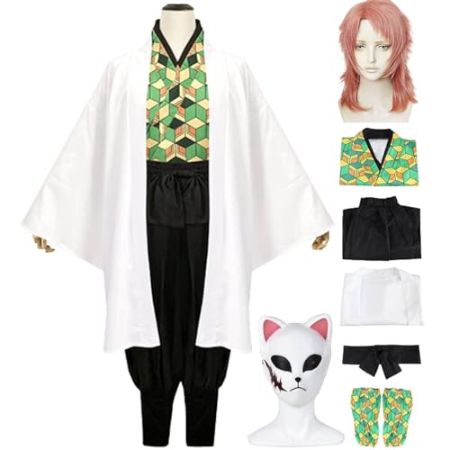 Demon Slayer Sabito Cosplay Kostüm mit Perückenmaske, Anime Kimetsu no Yaiba Uniformen Outfit Halloween Party Erwachsene Kimono Kostüm Anzüge,Grün,S von DJFOG