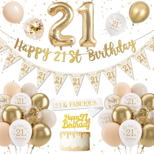 21. Geburtstag Deko für Männer und Frauen - Luftballons Gold Weiß, Happy Birthday Banner, Folienballon, Konfetti Ballons für 21 Jahre Party 21. Geburtstag Deko für Männer und Frauen - Luftballons Gold Weiß, Happy Birthday Banner, Folienballon, Konfetti Ballons für 21 Jahre Party von DJLLA