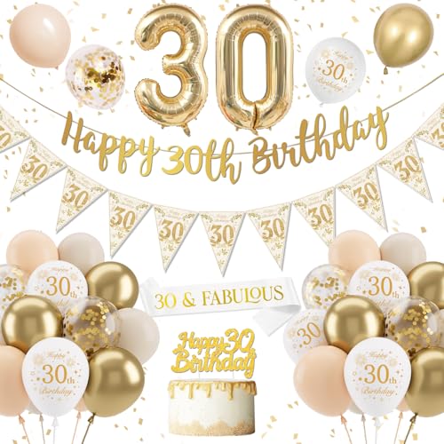 30 Geburtstag Deko, 30 Geburtstag Frauen, Geburtstagsdeko 30 Jahre Happy Birthday Banner, Nummer 30 Folienballons, Weiß Gold Luftballons Konfetti Luftballons für 30. Geburtstag Dekorationen 30 Geburtstag Deko, 30 Geburtstag Frauen, Geburtstagsdeko 30 Jahre Happy Birthday Banner, Nummer 30 Folienballons, Weiß Gold Luftballons Konfetti Luftballons für 30. Geburtstag Dekorationen von DJLLA