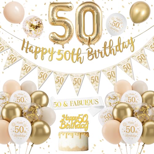 50. Geburtstag Deko für Männer und Frauen - Weiß Gold Luftballons, Happy Birthday Banner, Zahl 50 Party Ballons für Geburtstagsdeko 50. Geburtstag Deko für Männer und Frauen - Weiß Gold Luftballons, Happy Birthday Banner, Zahl 50 Party Ballons für Geburtstagsdeko von DJLLA