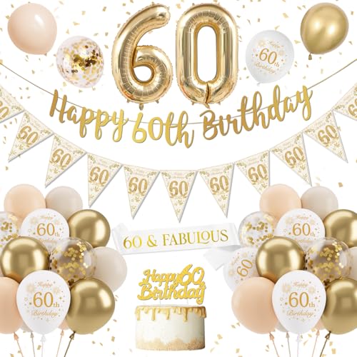 60. Geburtstag Frauen Deko - Luftballons Weiß Gold, Konfetti, Nummer 60 Folienballons für Frau 60. Geburtstag Frauen Deko - Luftballons Weiß Gold, Konfetti, Nummer 60 Folienballons für Frau von DJLLA