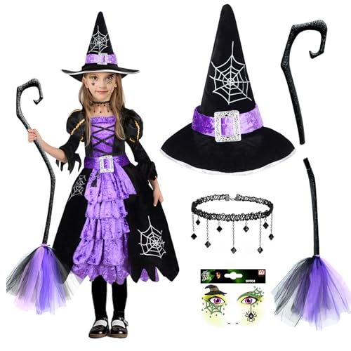DJLLA Hexen Kostüm Mädchen, 5 Teilig Halloween Kostüm Mädchen mit Hexen Hut, Halskette und FaceSticke, Cosplay Hexenkostüm, Hexen Kostüm Kinder für Halloween Karneval Fasching Party Kleid Mädche von DJLLA