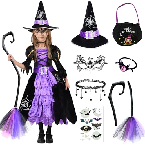 DJLLA Hexen Kostüm Mädchen, 8 Teilig Halloween Kostüm Mädchen mit Hexen Hut Halskette Süßigkeiten Tasche Aufkleber, Cosplay Hexenkostüm, Hexen Kostüm Kinder für Halloween Karneval Fasching Mädche von DJLLA