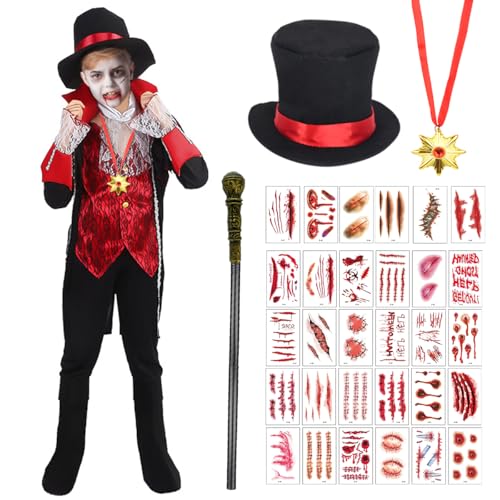 DJLLA Vampir Kostüm Kinder, Halloween Jungen, Dracula Set Mit Temporären Tattoos, Role-Playing, Mottoparty Karneval Party Cosplay von DJLLA