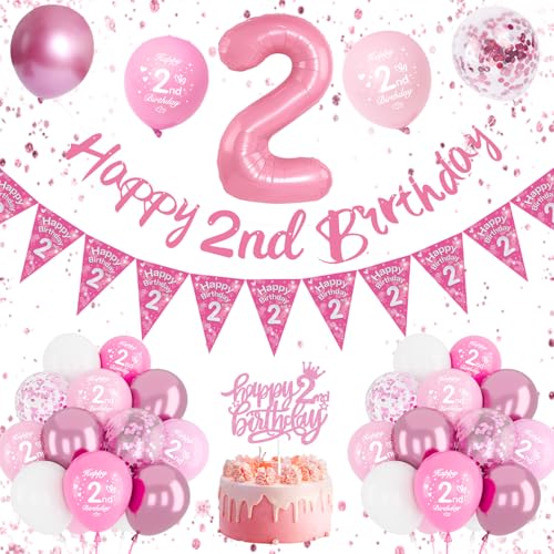 Deko 2. Geburtstag Mädchen, Luftballon 2 Rosa, Geburtstagsdeko Mädchen 2 Jahre, Rosa Weiße Ballons, 2. Banner Luftballon 2. Geburtstag Zahl Deko von DJLLA