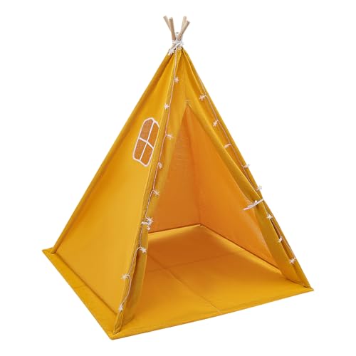 Zelt für Kinder,kinderzelt Indoor von 1-3 Kinder, Spielzelt aus Baumwolle und Leinen, Holz,Zusammenklappbares Design Kinderzelt Spielzeug mit Sternenlicht und Matte,120 * 120 * 140cm (Gelb) von DJOAIUYF