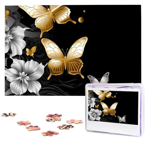 1000-teiliges Puzzle, personalisierbar, für Erwachsene, weiße und goldene Schmetterlinge, schwarzes Bildpuzzle, personalisierte Fotopuzzle, klassisches Holzpuzzle für Geschenke von DJUETRUI