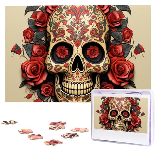Puzzle 1000 Teile Personalisiertes Puzzle für Erwachsene Rote Rose Zuckerschädel Bildpuzzle Benutzerdefinierte Puzzles aus Fotos Holzpuzzle Klassisches Puzzle für Familie Hochzeit Geburtstagsgeschenke von DJUETRUI