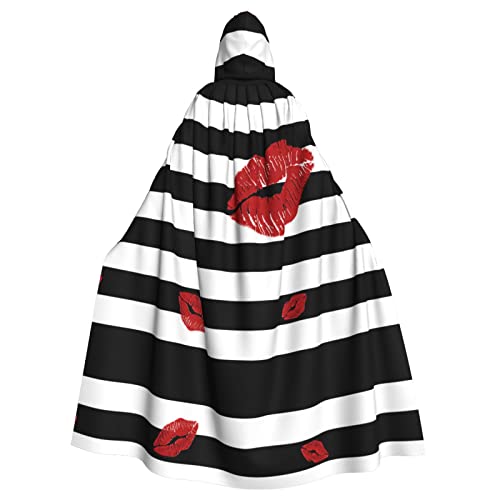 Roter Mund bedruckt in schwarz-weißen Streifen Halloween-Kostüme Damen Herren Cosplay langer Umhang Umhang Verkleidung für Rollenspiele (147 cm) von DJnni