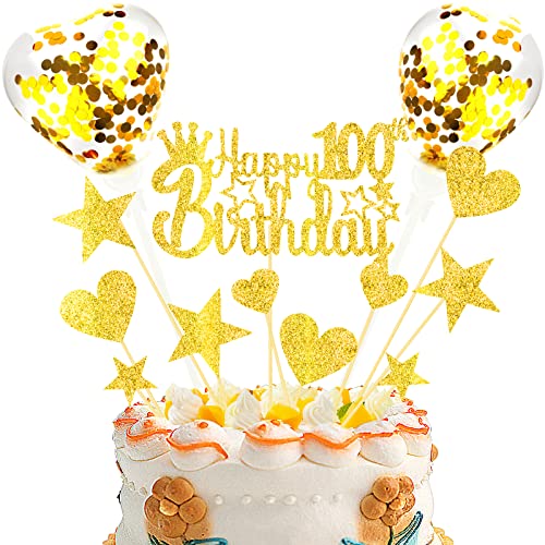 DKBT Tortendeko 100th Gold Kuchen deko Glitzer Happy Birthday Cake Topper Kuchendeko Geburtstagstorte für Gold Geburtstagsfeier Jubiläum von DKBT