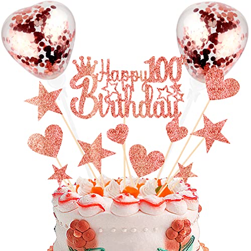 DKBT Tortendeko 100th Roségold Kuchen deko Glitzer Happy Birthday Cake Topper Kuchendeko Geburtstagstorte für Geburtstagsfeier Jubiläum von DKBT