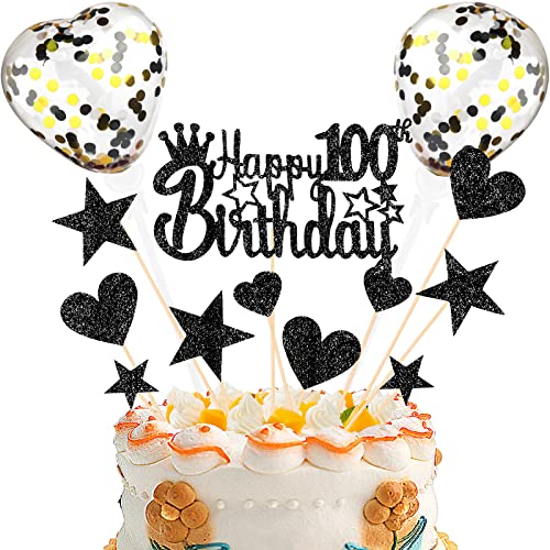 DKBT Tortendeko 100th Schwarz Kuchen deko Glitzer Happy Birthday Cake Topper Kuchendeko Geburtstagstorte für Schwarz Thema Geburtstagsfeier Jubiläum von DKBT