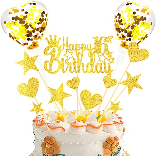DKBT Tortendeko 16th Gold Kuchen deko Glitzer Happy Birthday Cake Topper Kuchendeko Geburtstagstorte für Gold Geburtstagsfeier Jubiläum von DKBT