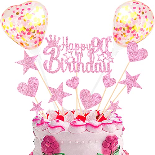 DKBT Tortendeko 90th Rosa Kuchen deko Glitzer Happy Birthday Cake Topper Kuchendeko Geburtstagstorte für Rosa Thema Geburtstagsfeier Jubiläum von DKBT