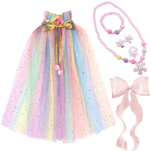 DKDDSSS 3 Pcs Prinzessin Umhang Mit Halskette, Ring, Ohrringe - Kostüm Cape für Party Outfits Cosplay Geschenk zum Kindertag für Mädchen (75cm) von DKDDSSS